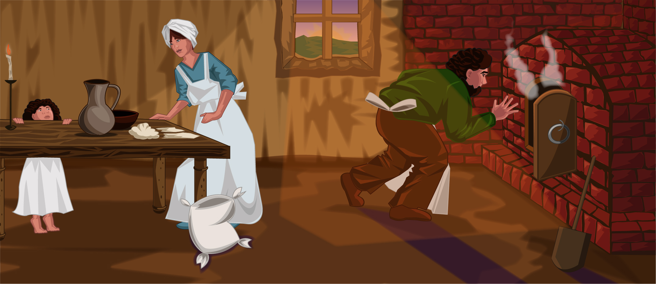 Illustration of a rustic kitchen with a man warming his hands in front of a smoking brick oven, a woman in a white apron standing by a wooden table with dough, and a child peeking over the table edge near a lit candle and pottery.