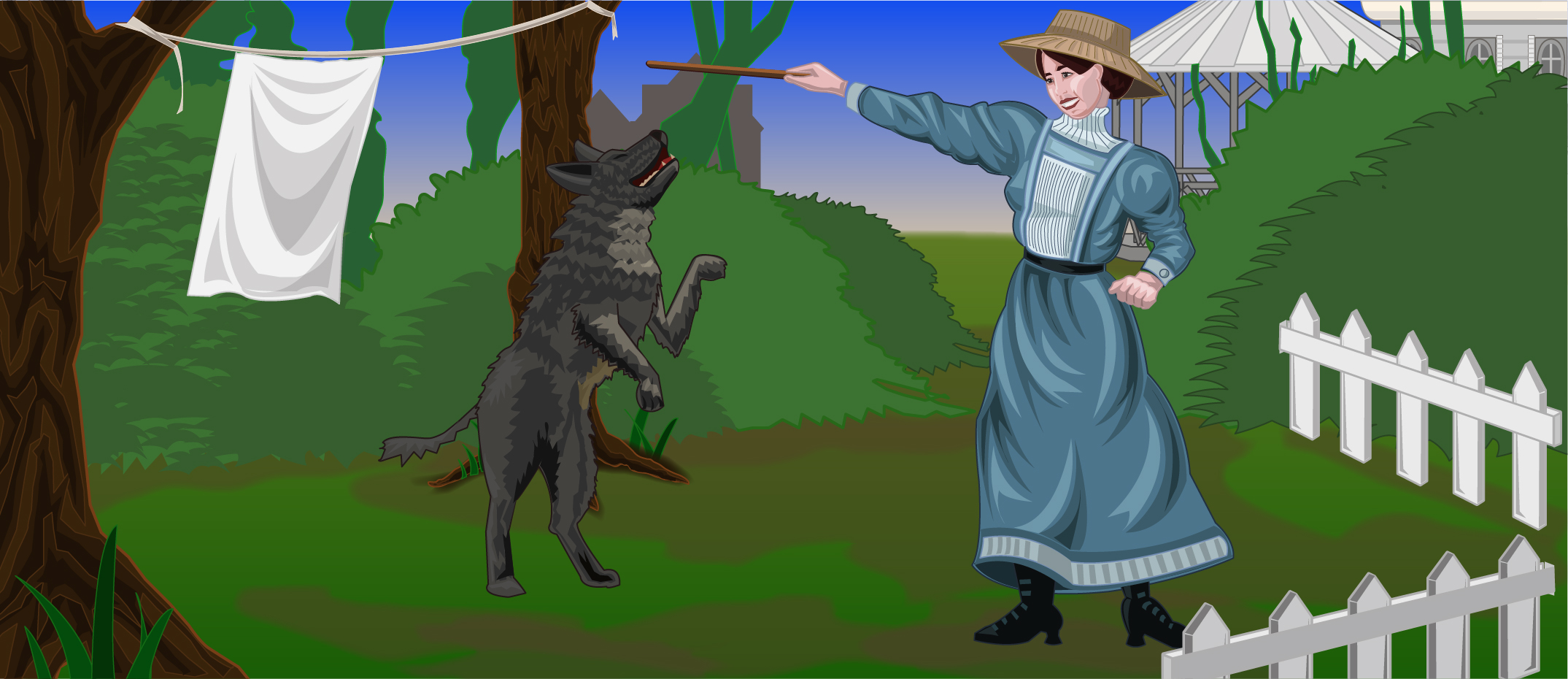 Illustration of a woman in a blue dress and hat playing with a standing black wolf in a green garden with trees, bushes, a white fence, and a hanging white cloth.