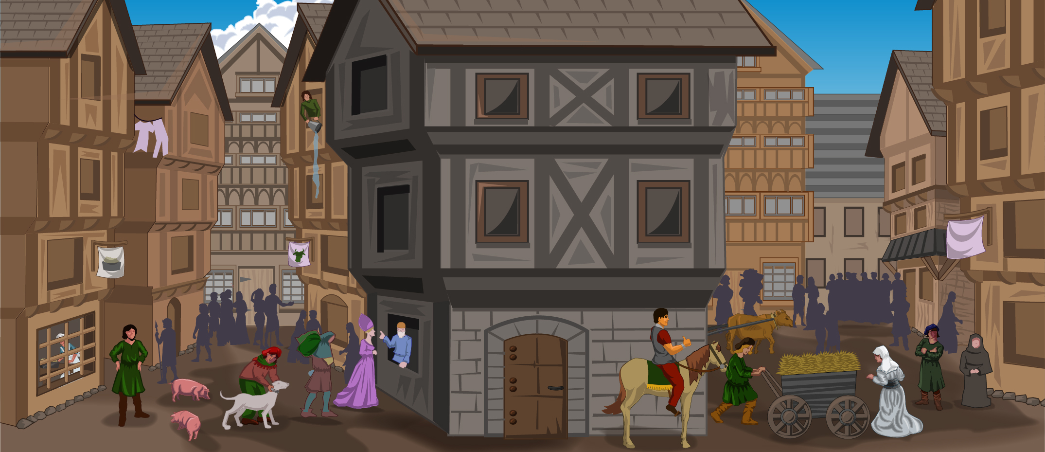 Medieval village street scene with timber-framed buildings and a crowd of people including a man on horseback, a woman pushing a cart of hay, a bishop talking to a man at a window, villagers with pigs and a dog, and others observing or walking around under a blue sky with clouds.