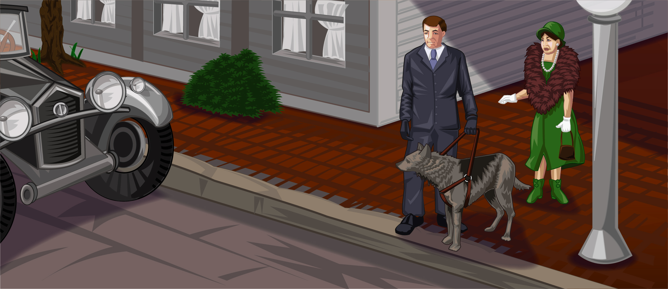 A man in a dark suit and gloves holding a leash attached to a large dog standing on a brick sidewalk; a woman dressed in green with a fur shawl, white gloves, and a green hat stands behind him near a streetlamp, with a vintage car parked on the street beside them and a house with windows in the background.
