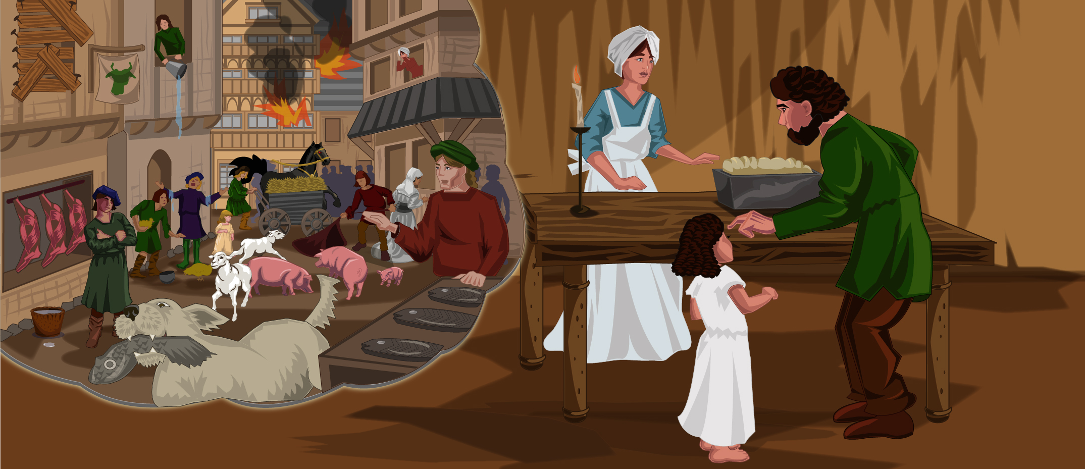 A man in a green coat bends to talk to a barefoot child in a white dress inside a room with a wooden table holding a baked dish and a lit candle, while a woman in a blue dress and white apron stands behind the table. A thought bubble shows a medieval village scene with people, animals, and buildings on fire, including pigs, goats, a dog carrying a fish, and townsfolk reacting to the fire.