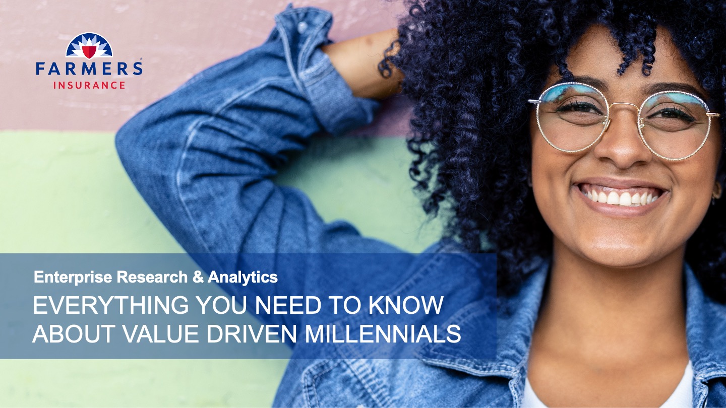 Smiling woman with curly hair and round glasses wearing a denim jacket against a pastel green and pink wall, with Farmers Insurance logo and text reading Enterprise Research & Analytics EVERYTHING YOU NEED TO KNOW ABOUT VALUE DRIVEN MILLENNIALS.