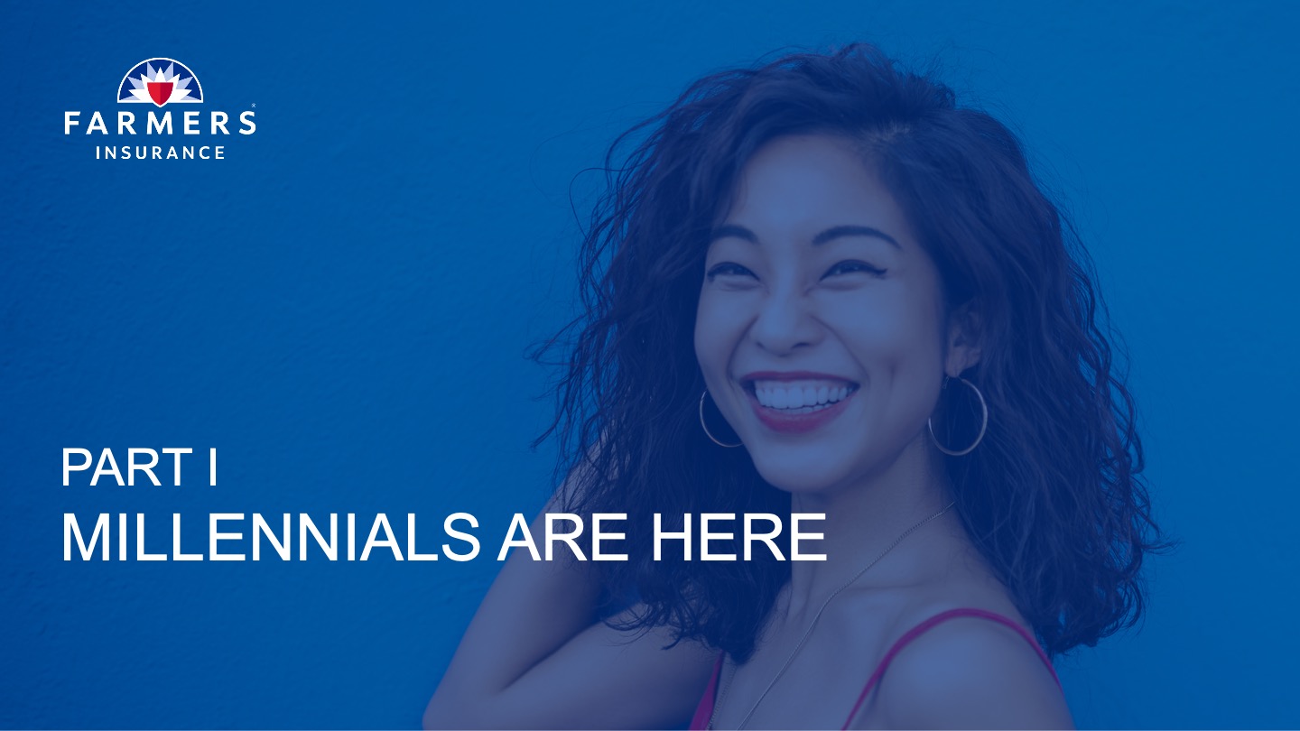 Smiling woman with curly hair and hoop earrings against a blue background with white text saying 'PART I MILLENNIALS ARE HERE' and the Farmers Insurance logo in the top left corner.