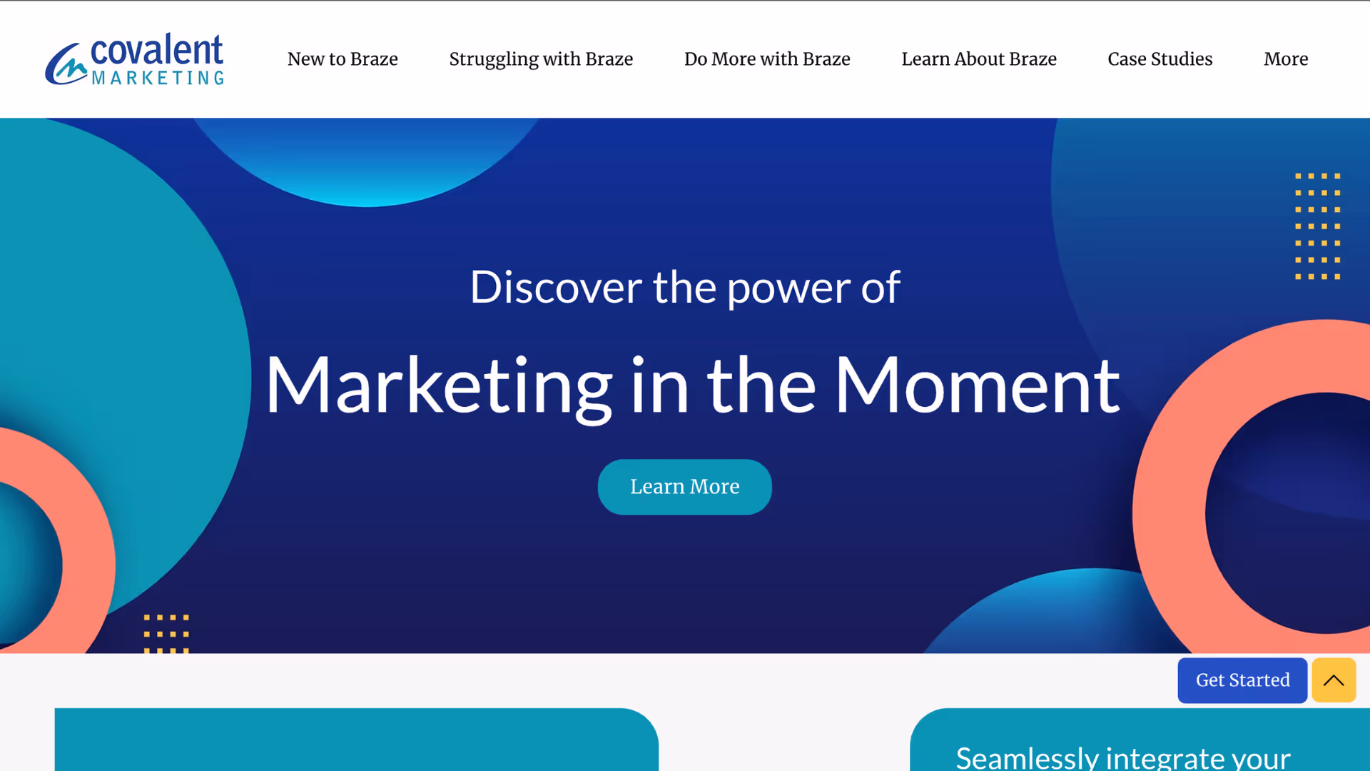 Covalent Marketing homepage featuring a bold header with the tagline 'Discover the Power of Marketing in the Moment,' a call-to-action button, and modern design elements.