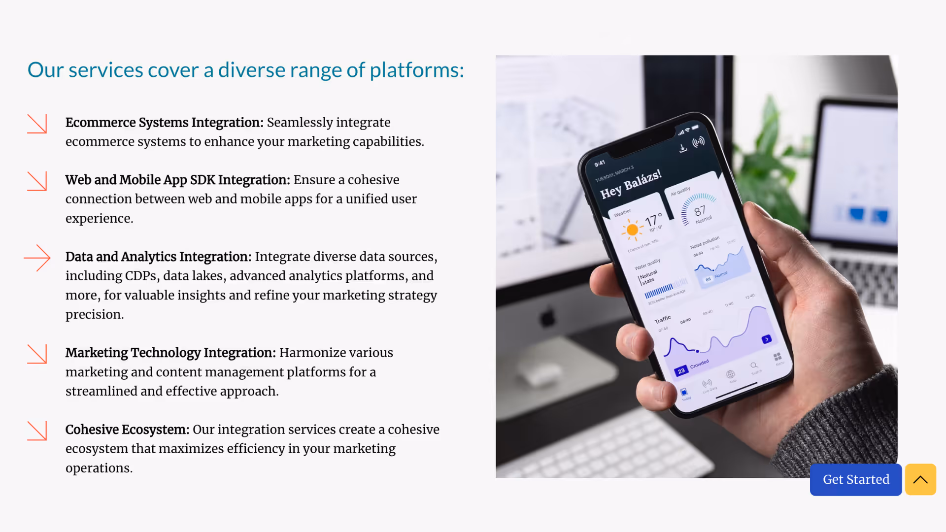 Covalent Marketing services section with interactive cards illustrating tailored solutions for Braze integration, marketing technology support, and data-driven strategies.