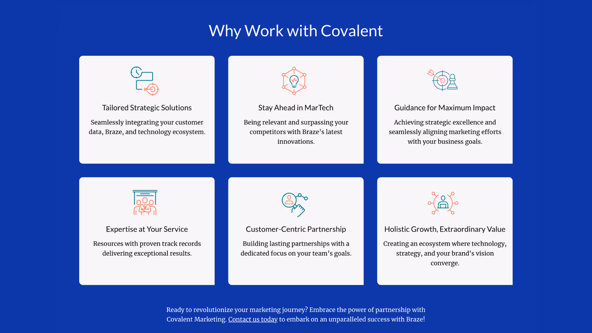 Why Work With Covalent section highlighting the company’s expertise in data analytics, marketing technology integration, and strategic solutions for customer engagement.