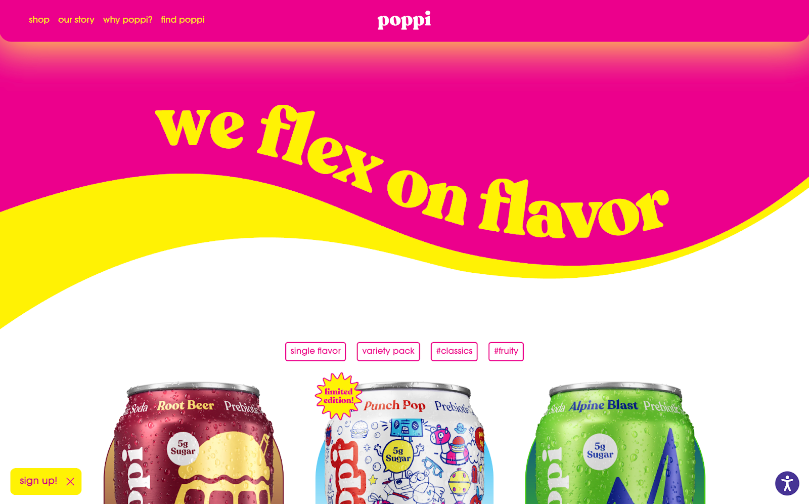 Poppi's website landing page with maximalist design