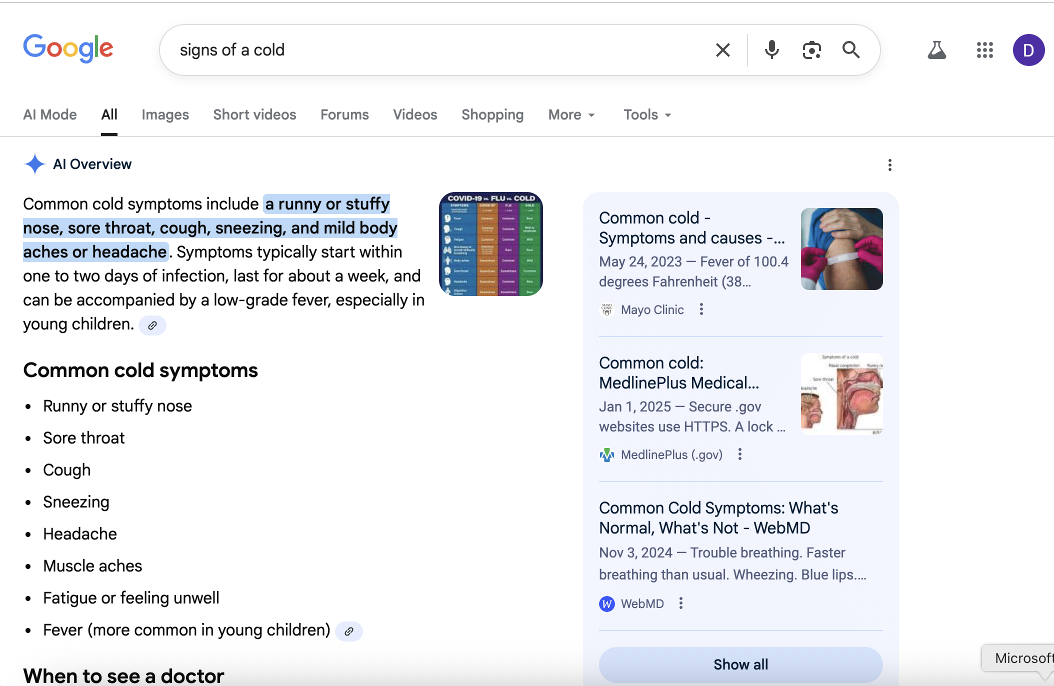 Google AI Overview answer for the query 'signs of a cold'