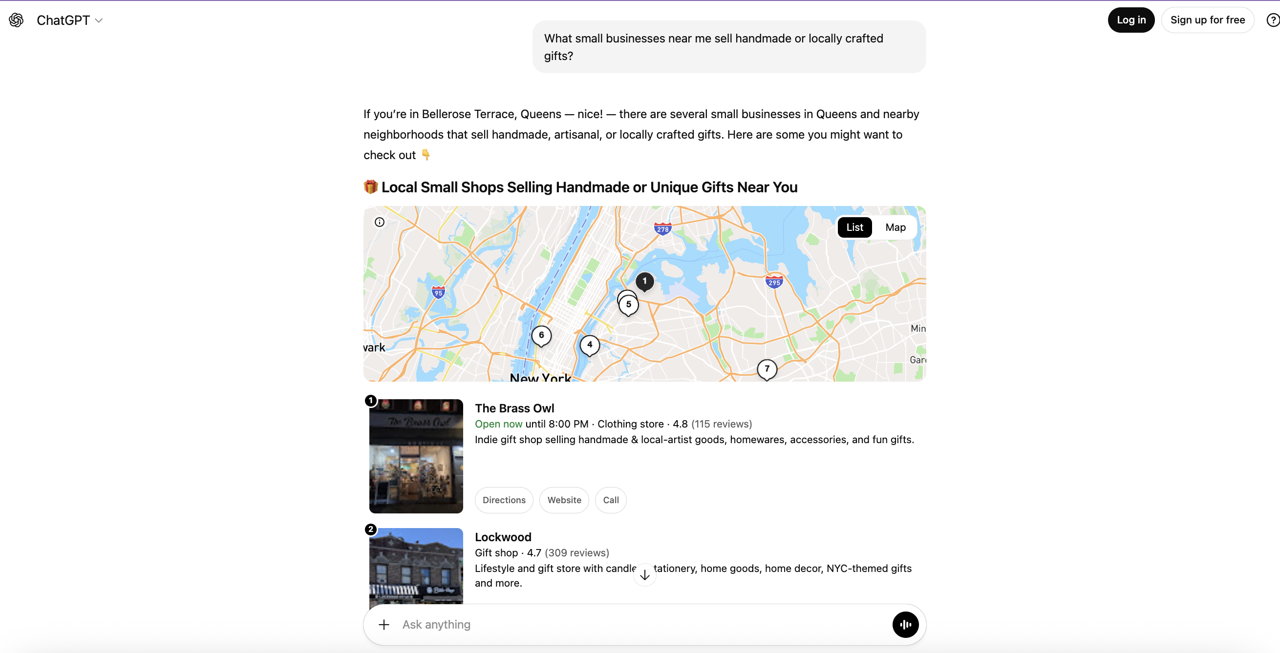 ChatGPT response for small businesses near me that sell gifts