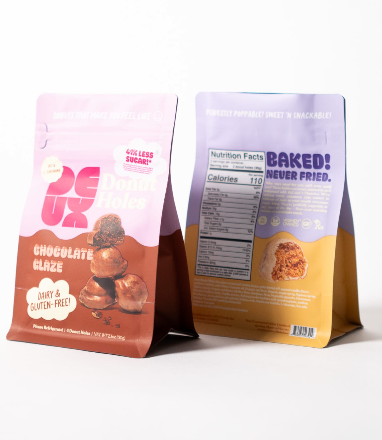 Pink, brown and purple Deux donut hole pouches standing side by side