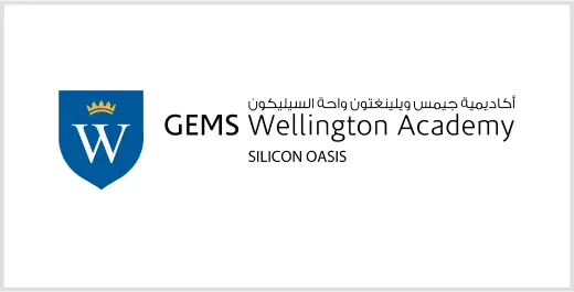 A white background with a blue shield and the words gems wellington academy.