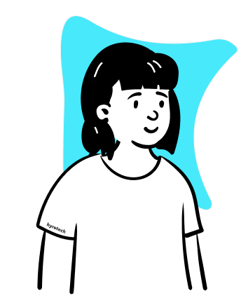 Illustration of a person with black hair wearing a white shirt against a blue abstract shape background.