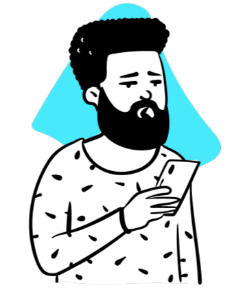 Illustration of a bearded man with curly hair looking at his smartphone with a blue abstract shape behind him.