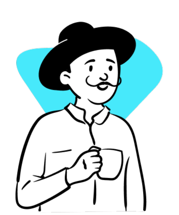 Illustration of a person wearing a wide-brimmed hat and holding a cup, with a blue abstract shape in the background.