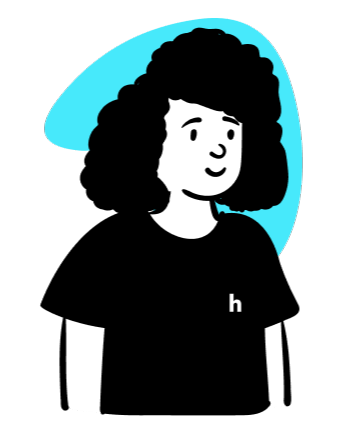 Illustration of a person with curly hair wearing a black shirt with a small white 'h' on it, set against a blue abstract shape background.