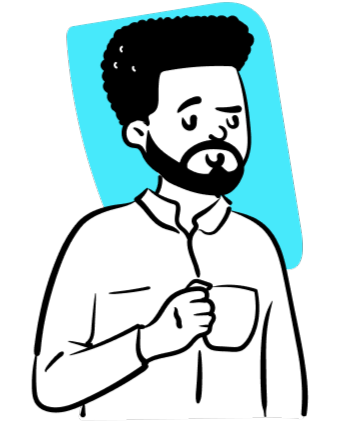 Illustration of a man with curly hair and beard holding a coffee cup, with a blue rectangle background.