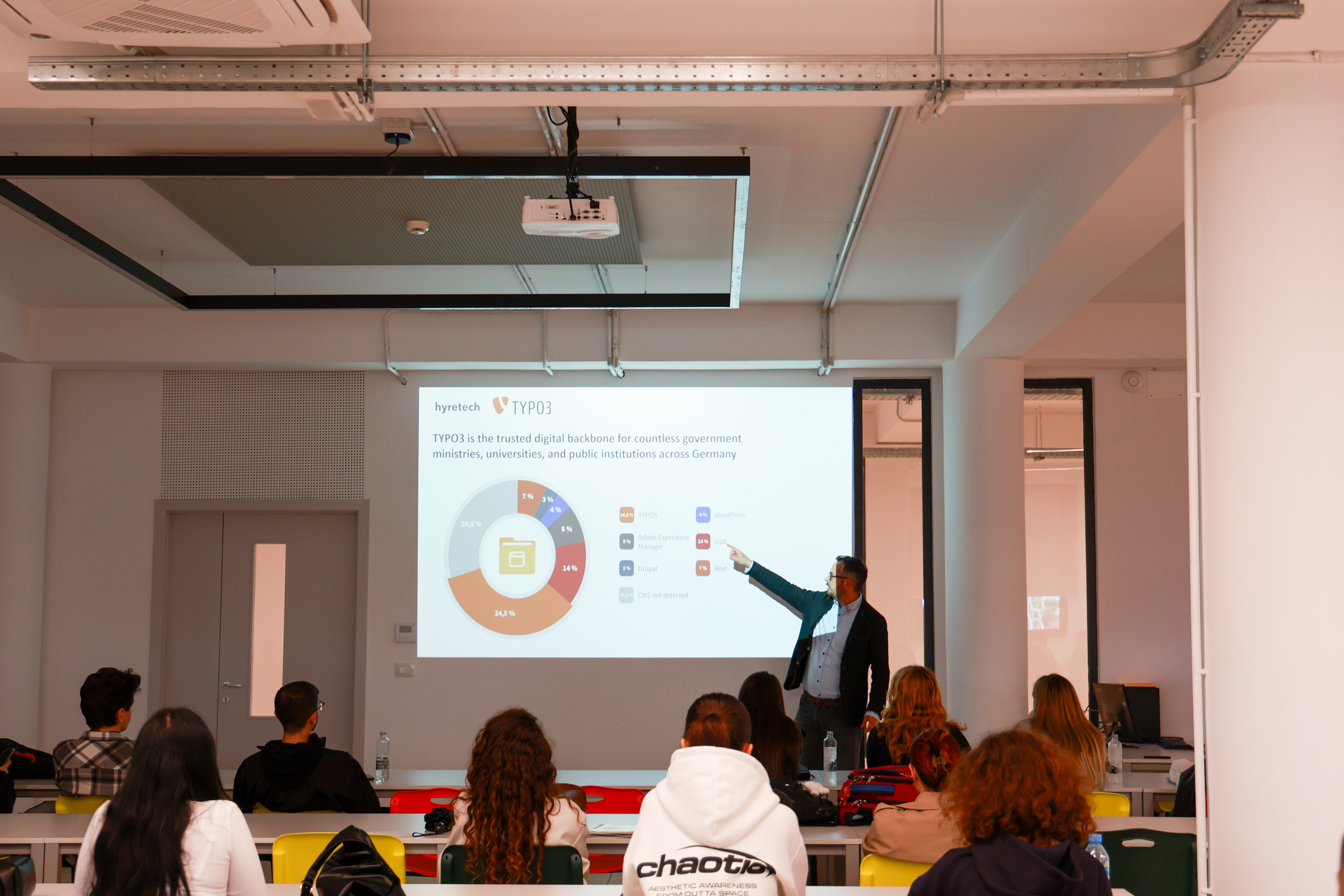 Christian Doelker giving a presentation to a group of people in a classroom, pointing at a projected slide with a pie chart about TYPO3 digital backbone usage.