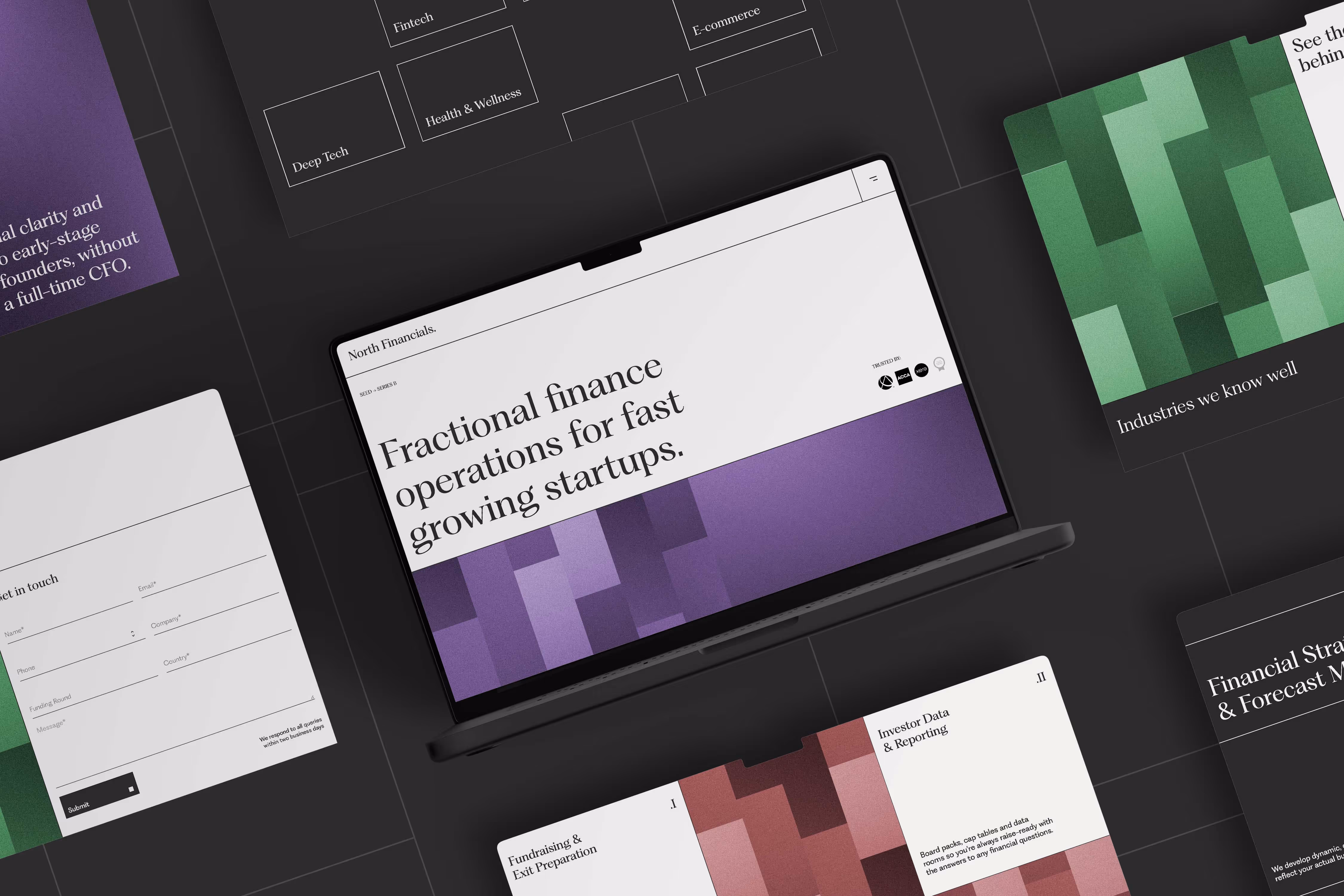 Open laptop displaying a website with the headline 'Fractional finance operations for fast growing startups' surrounded by various other pages featuring financial and industry-related content.