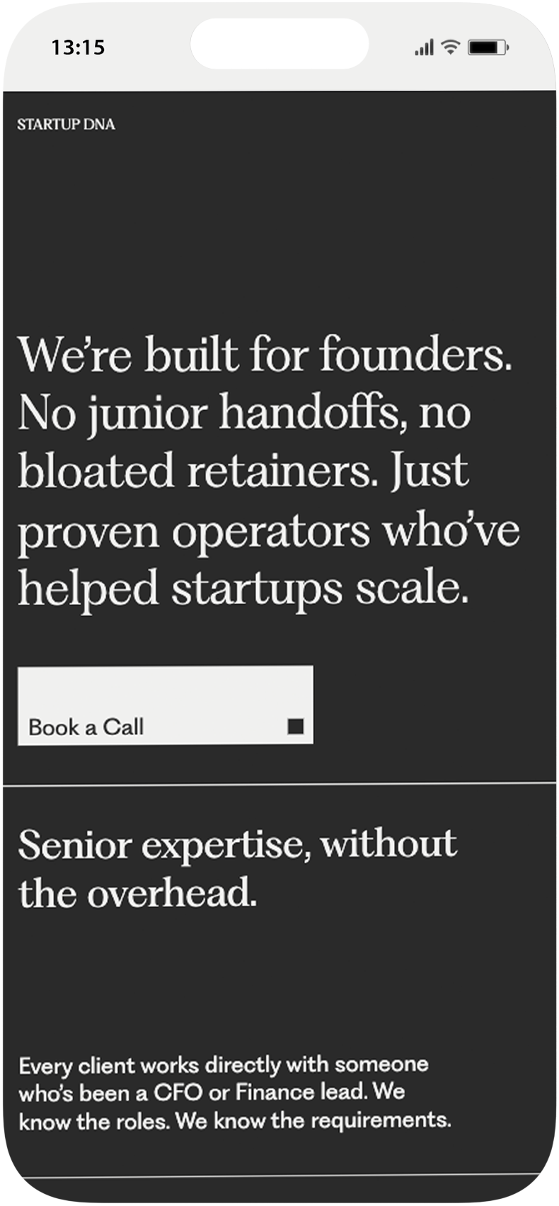 Mobile screen with text about startup services emphasizing expertise for founders and direct client work with CFO or Finance leads, featuring a 'Book a Call' button.
