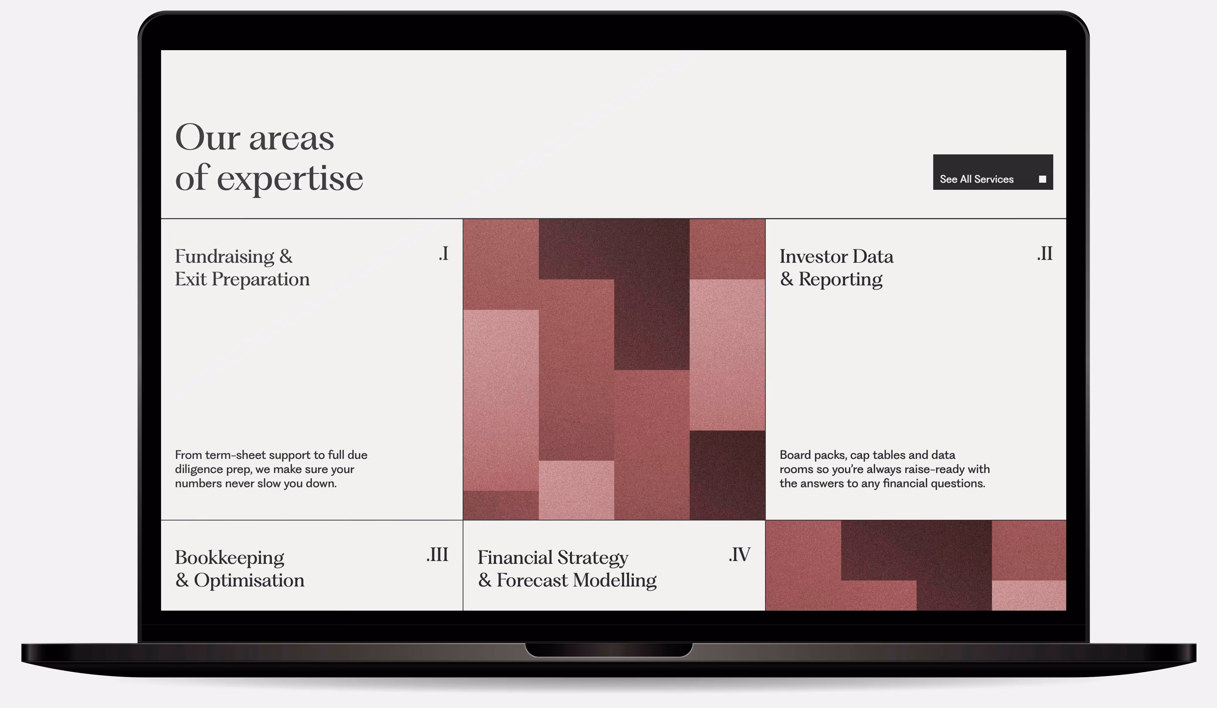 Laptop screen showing a webpage titled 'Our areas of expertise' with four sections: Fundraising & Exit Preparation, Investor Data & Reporting, Bookkeeping & Optimisation, and Financial Strategy & Forecast Modelling, each with brief descriptions and numbered I to IV.