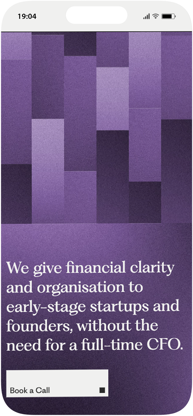Mobile screen with a purple abstract block background and text offering financial clarity for early-stage startups without a full-time CFO, with a Book a Call button.