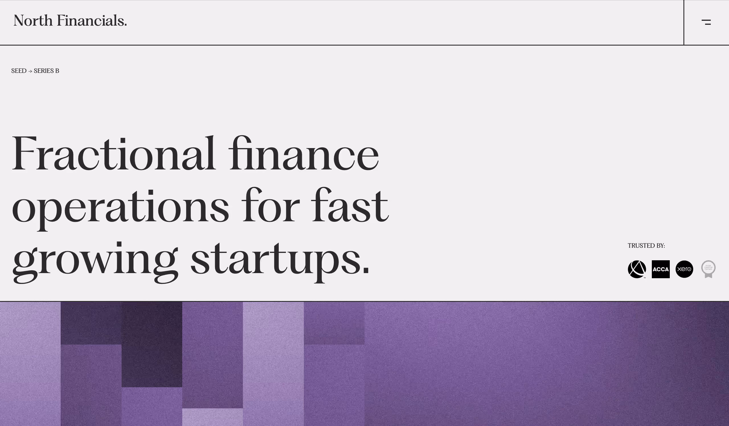 Website header with text 'Fractional finance operations for fast growing startups' and logos of trusted organizations on a light background with abstract purple geometric shapes below.