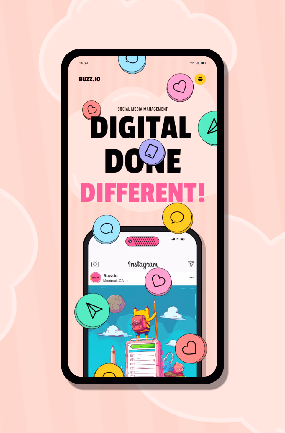 Phone screen shows text 'Digital Done Different!' with social media icons and Instagram post illustration.