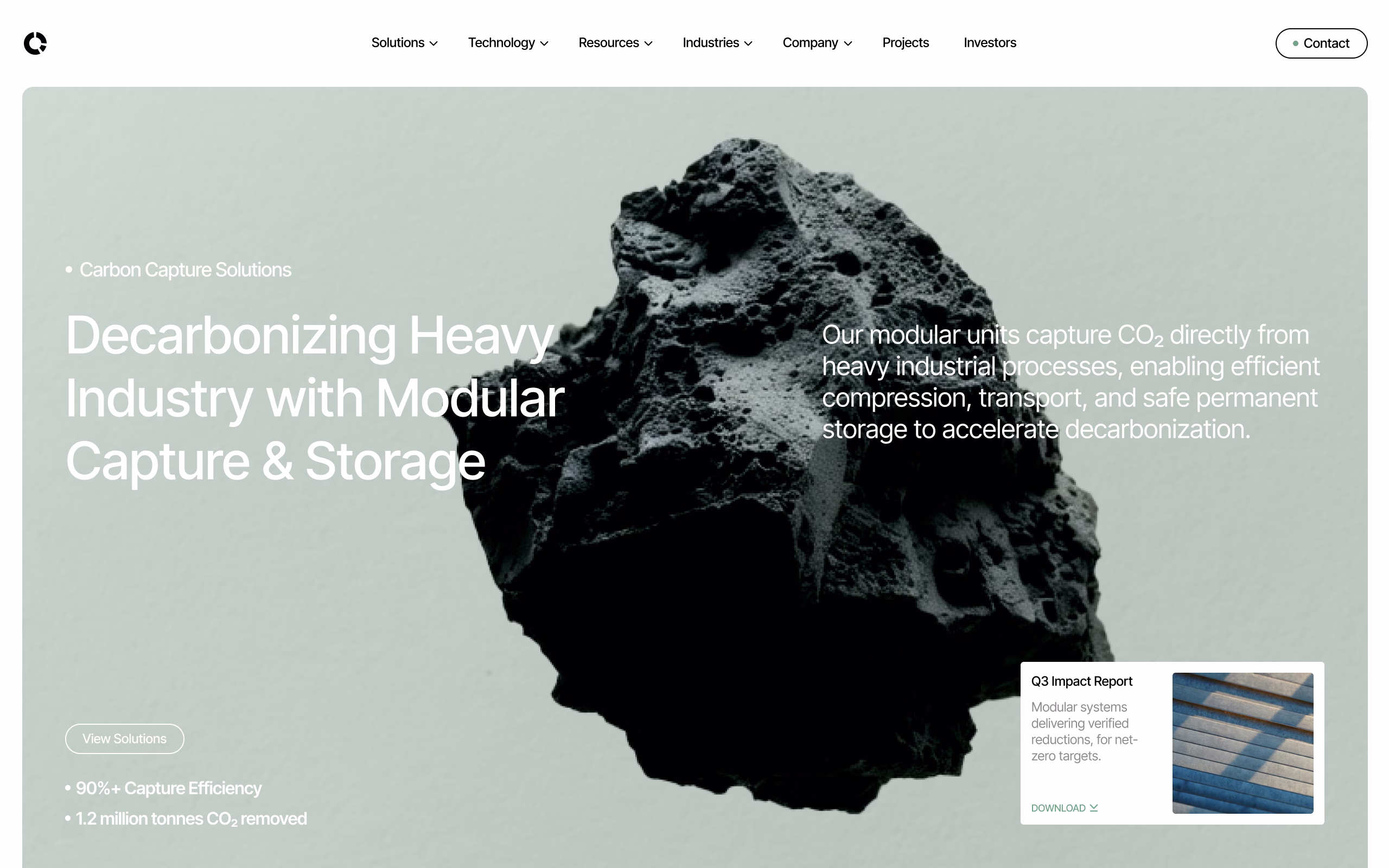 Dark porous rock against a light green background with text about decarbonizing heavy industry using modular carbon capture and storage technology.