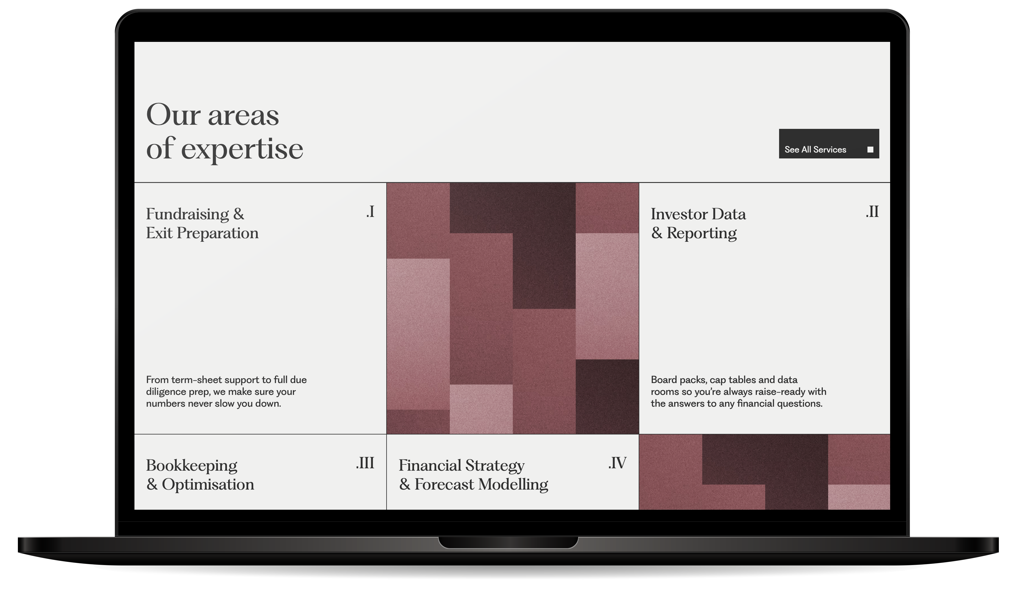 Laptop screen displaying a grid layout titled 'Our areas of expertise' with sections on Fundraising & Exit Preparation, Investor Data & Reporting, Bookkeeping & Optimisation, and Financial Strategy & Forecast Modelling.