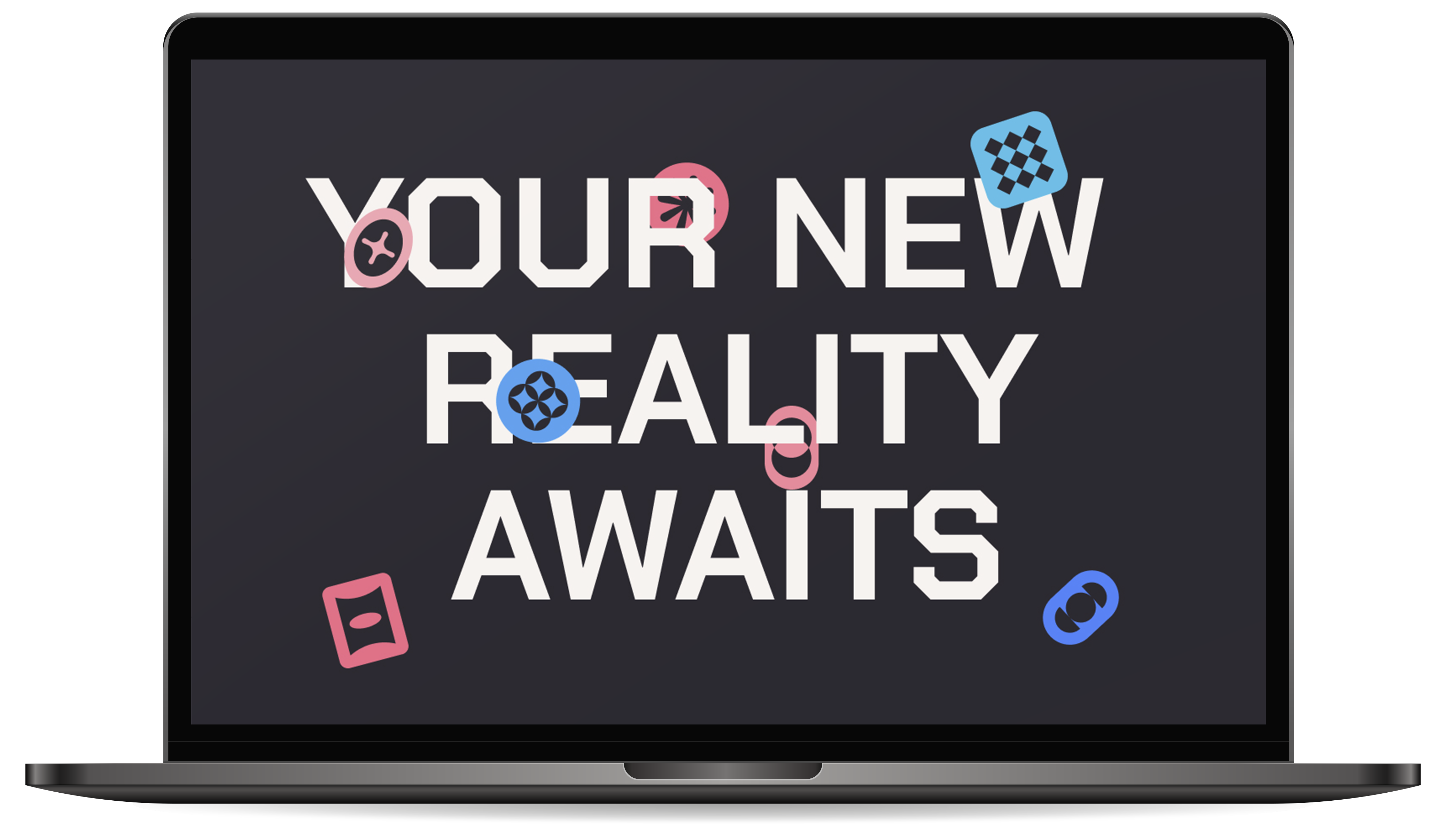 Laptop with black screen displaying the text 'A NEW REALITY AWAITS' decorated with pink and blue abstract shapes.