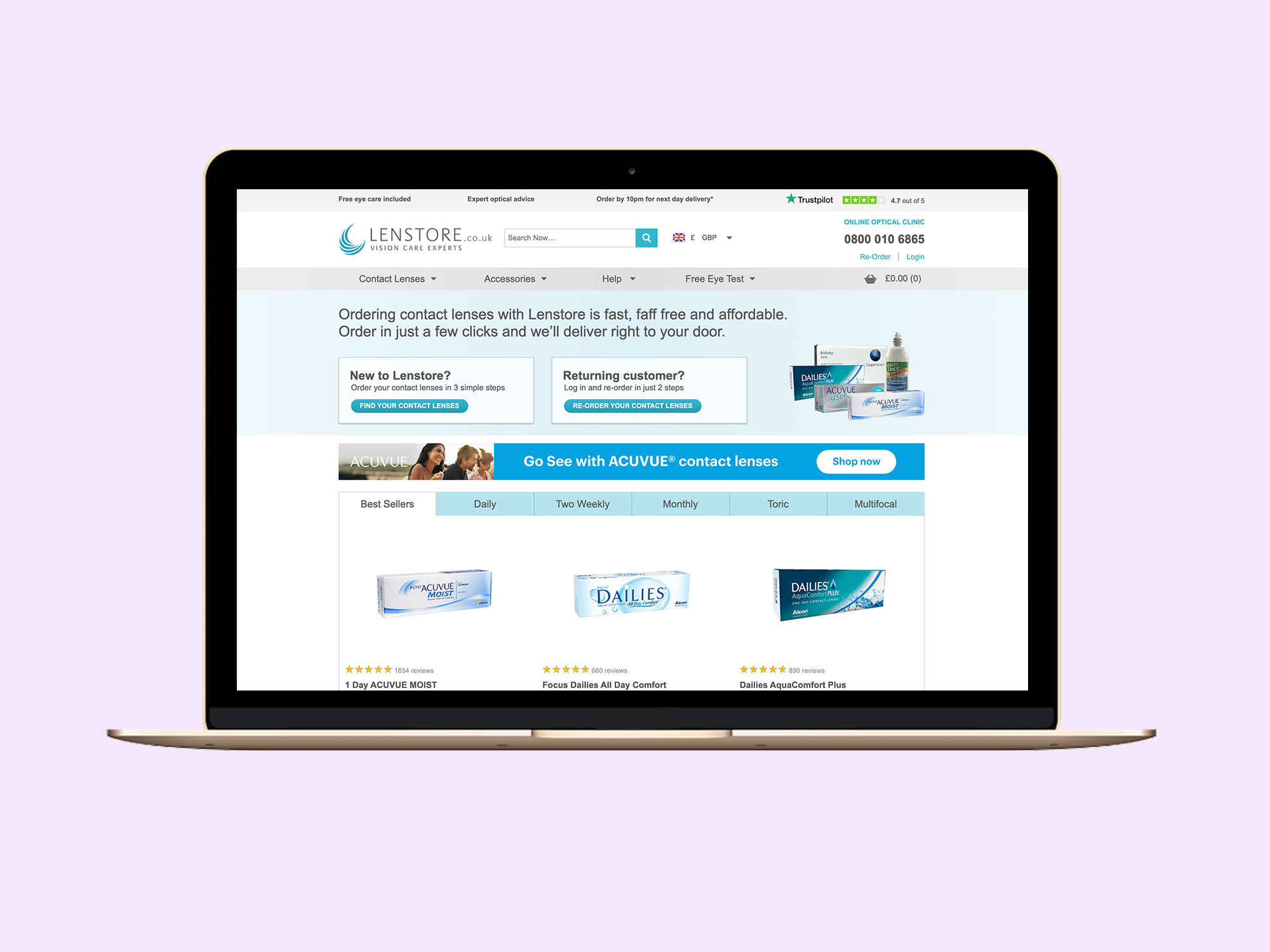 Lenstore's homepage before the transformation