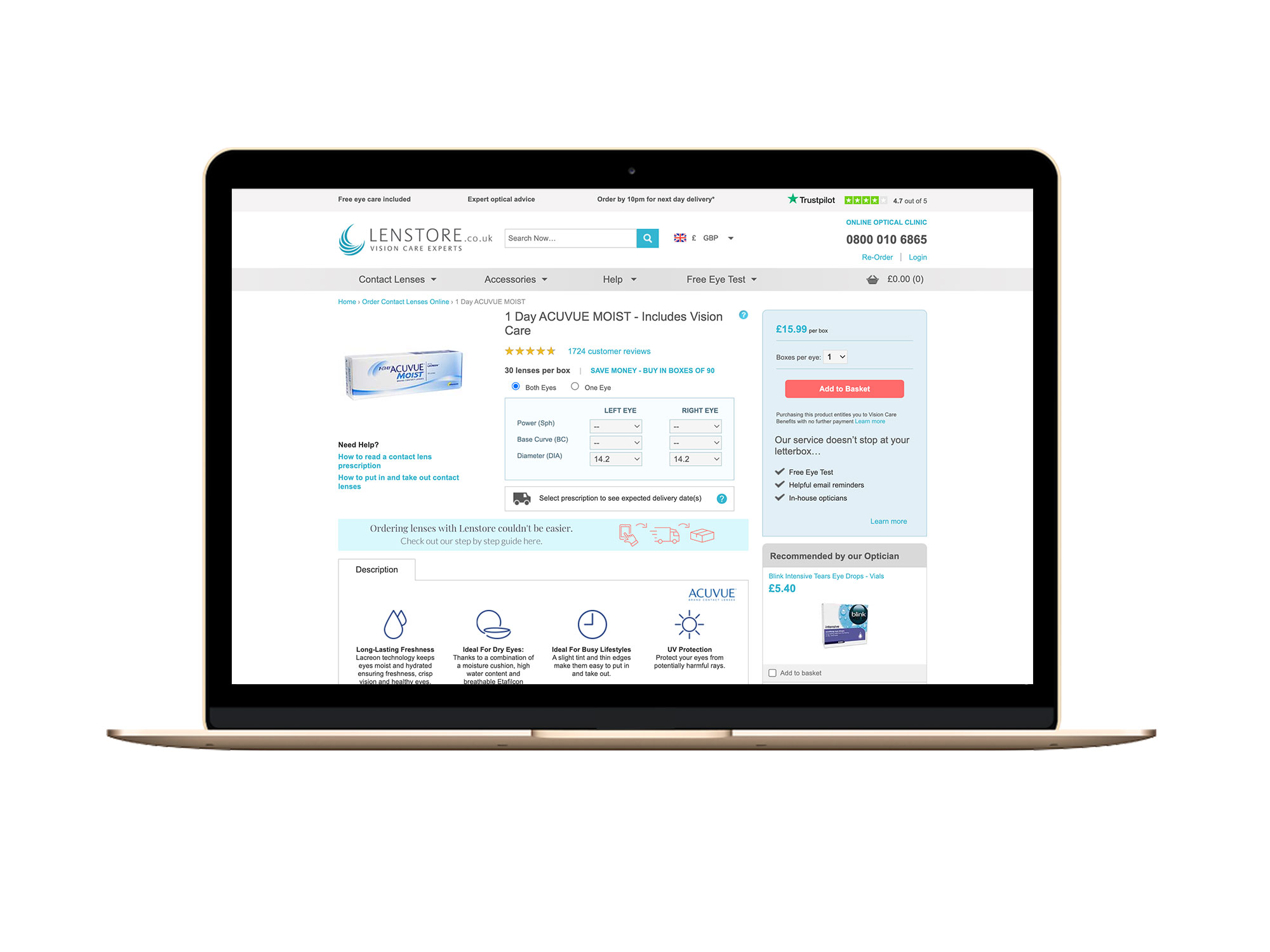 Lenstore's product page before the transformation