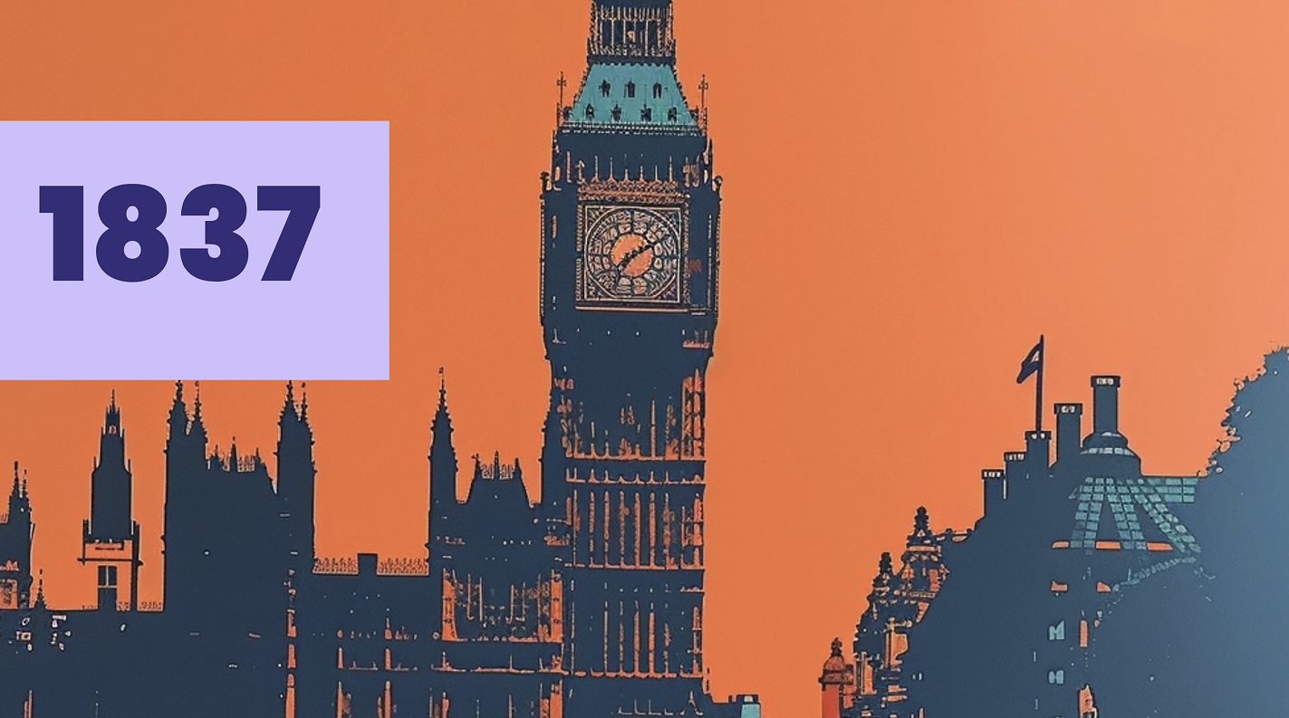 Graphic illustration of the London skyline featuring the Big Ben clock tower with an orange background and the number 1837 in bold dark blue text on a light purple rectangle on the left side.