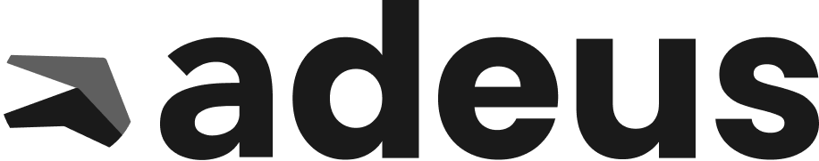 A stylized black arrow pointing right followed by the lowercase text 'adeus' in bold black letters.
