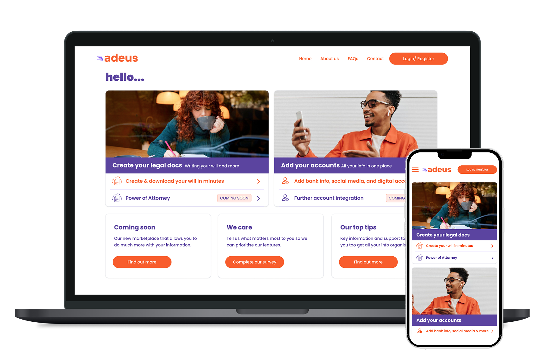 Website homepage displayed on a laptop and a smartphone featuring two main sections: 'Create your legal docs' with an image of a woman drinking coffee, and 'Add your accounts' with an image of a smiling man holding a phone, alongside navigation links, login/register button, and informational buttons about upcoming features, surveys, and tips.