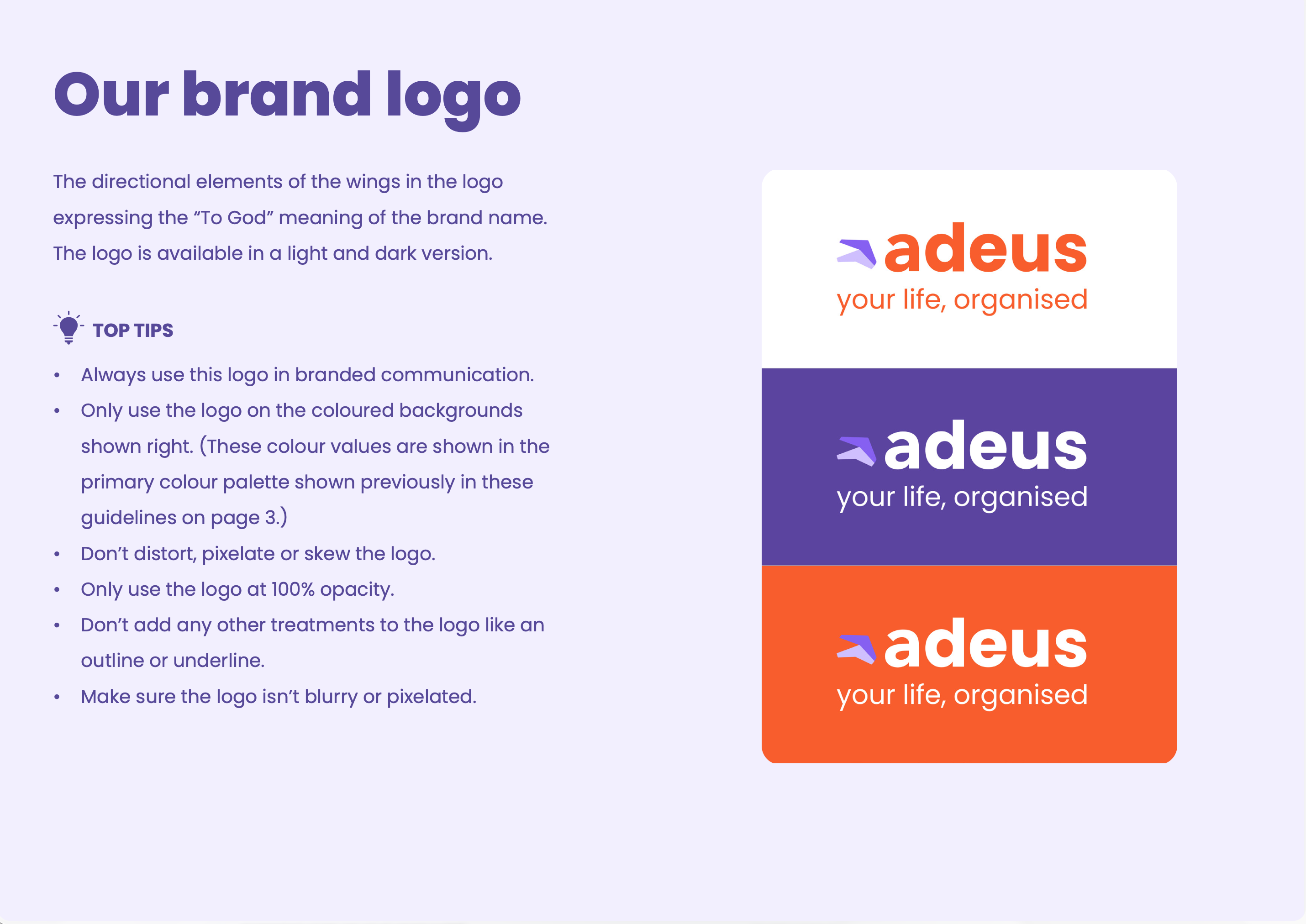 Brand logo guidelines page showing three versions of the Adeus logo with a wing graphic and slogan 'your life, organised' in different color backgrounds: white with orange text, purple with white text, and orange with white text. Text explains the wings symbolize 'To God' meaning and gives tips to always use the logo in branded communication on specified colored backgrounds without distortion or additional treatments.
