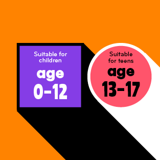Lila kvadrat med texten Lämpligt för barn ålder 0-12 och rosa cirkel med texten Lämpligt för tonåringar ålder 13-17 på orange bakgrund.