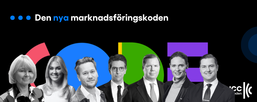 Sju professionellt klädda personer framför en färgstark grafisk bakgrund med texten Den nya marknadsföringskoden.