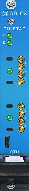 QBLOX TIMETAG QTM electronic module with green indicator lights and eight numbered gold connectors on a blue panel.