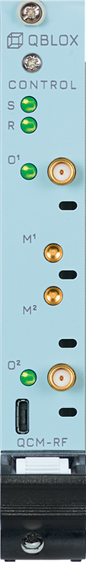 Close-up of a QBLOX QCM-RF electronic control module with labeled green indicator lights, gold coaxial connectors, and a black connector port on a light blue panel.
