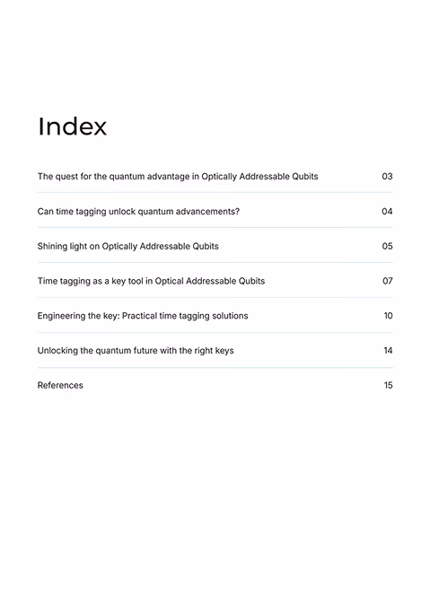Table of contents listing topics on quantum computing and optical addressable qubits with corresponding page numbers.