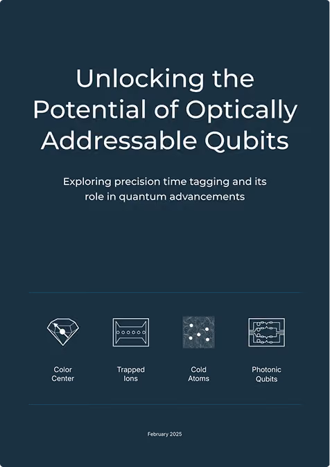 Title slide reading 'Unlocking the Potential of Optically Addressable Qubits' with subtitle about precision time tagging in quantum advancements, showing icons for Color Center, Trapped Ions, Cold Atoms, and Photonic Qubits, dated February 2025.