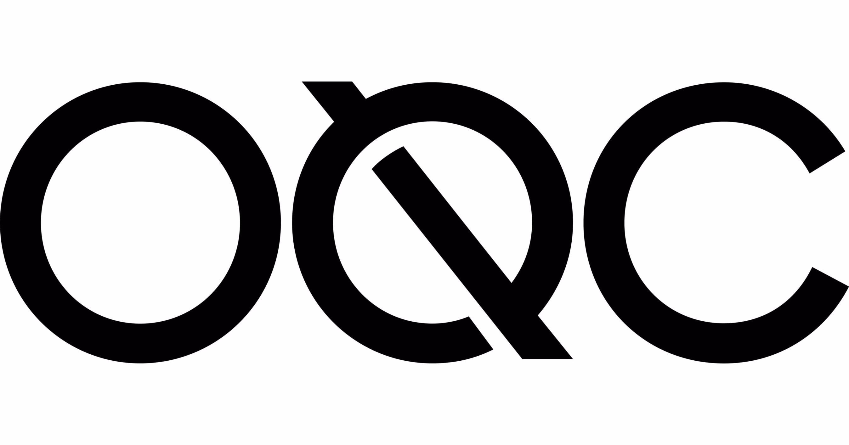 Logo with black letters O, Q with a diagonal slash, and C on a white background.