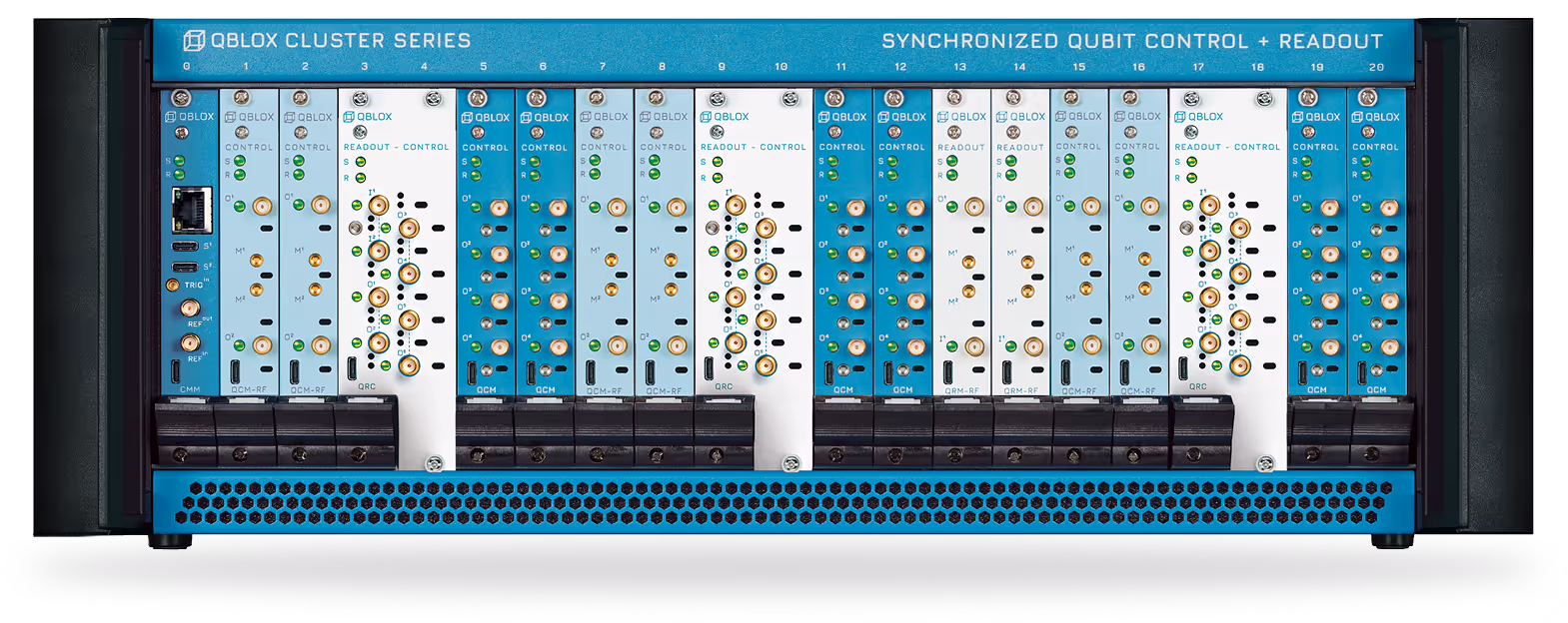 Qblox Cluster Series rack-mounted modules for synchronized qubit control and readout with labeled control, readout, and timetag ports.