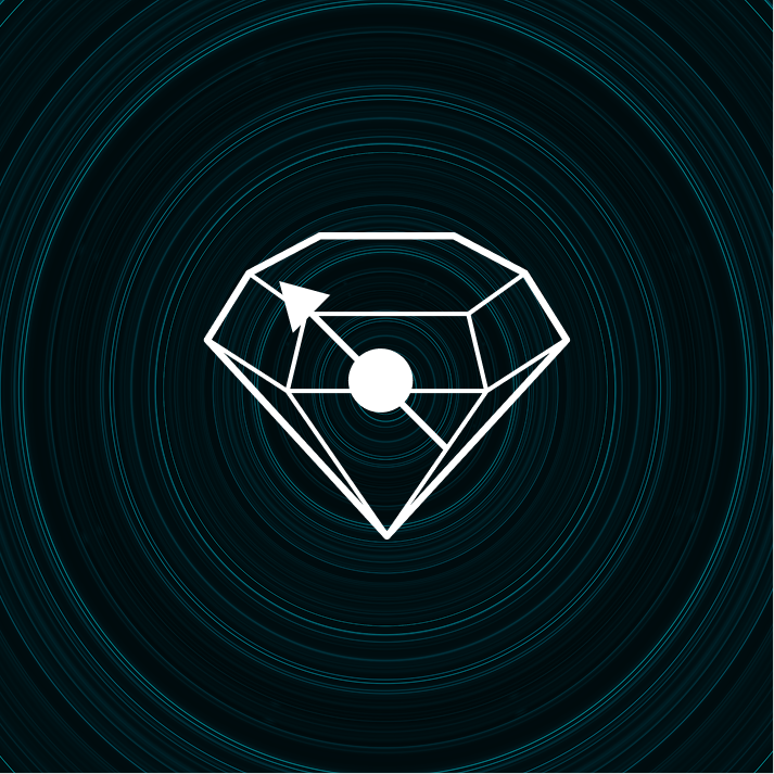 White geometric diamond icon with a central circle and arrow on a dark swirling concentric circle background.
