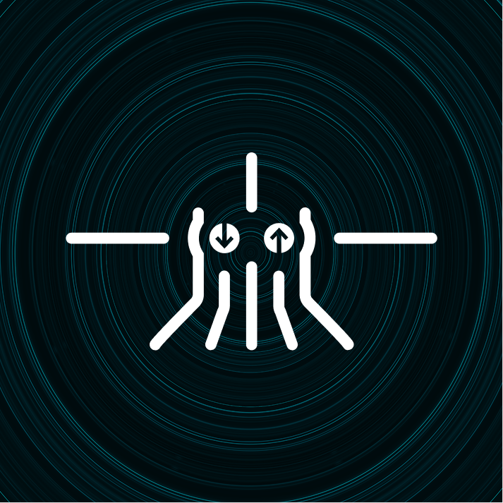 White line icon of two hands holding a circle with separated up and down arrows inside, on a dark background with concentric blue circular patterns.