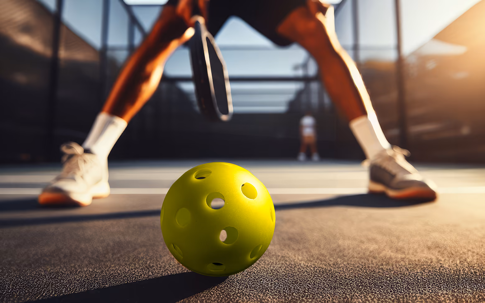 A pickleball player and a pickleball.