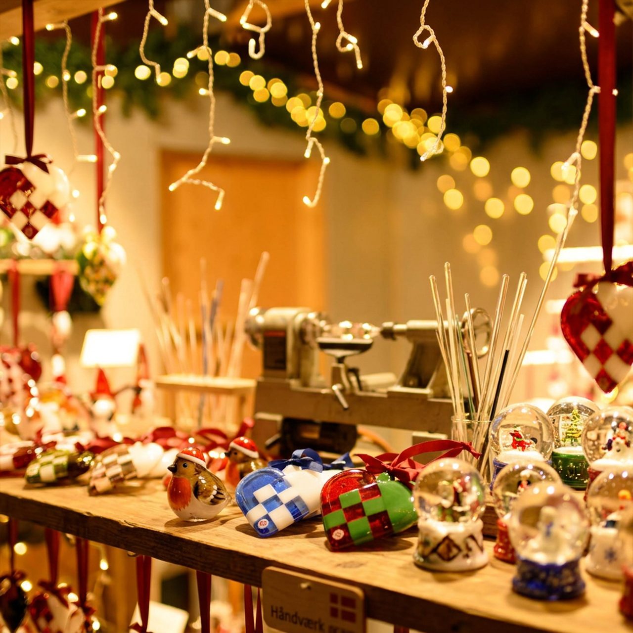 Christmas stall with woven paper hearts, snow globes and handmade ornaments – press photo from Jul På Højbro Plads