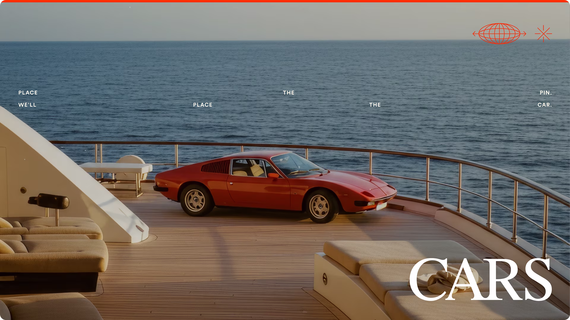 CARS Worldwide brand imagery of a red classic sports car on the deck of a yacht