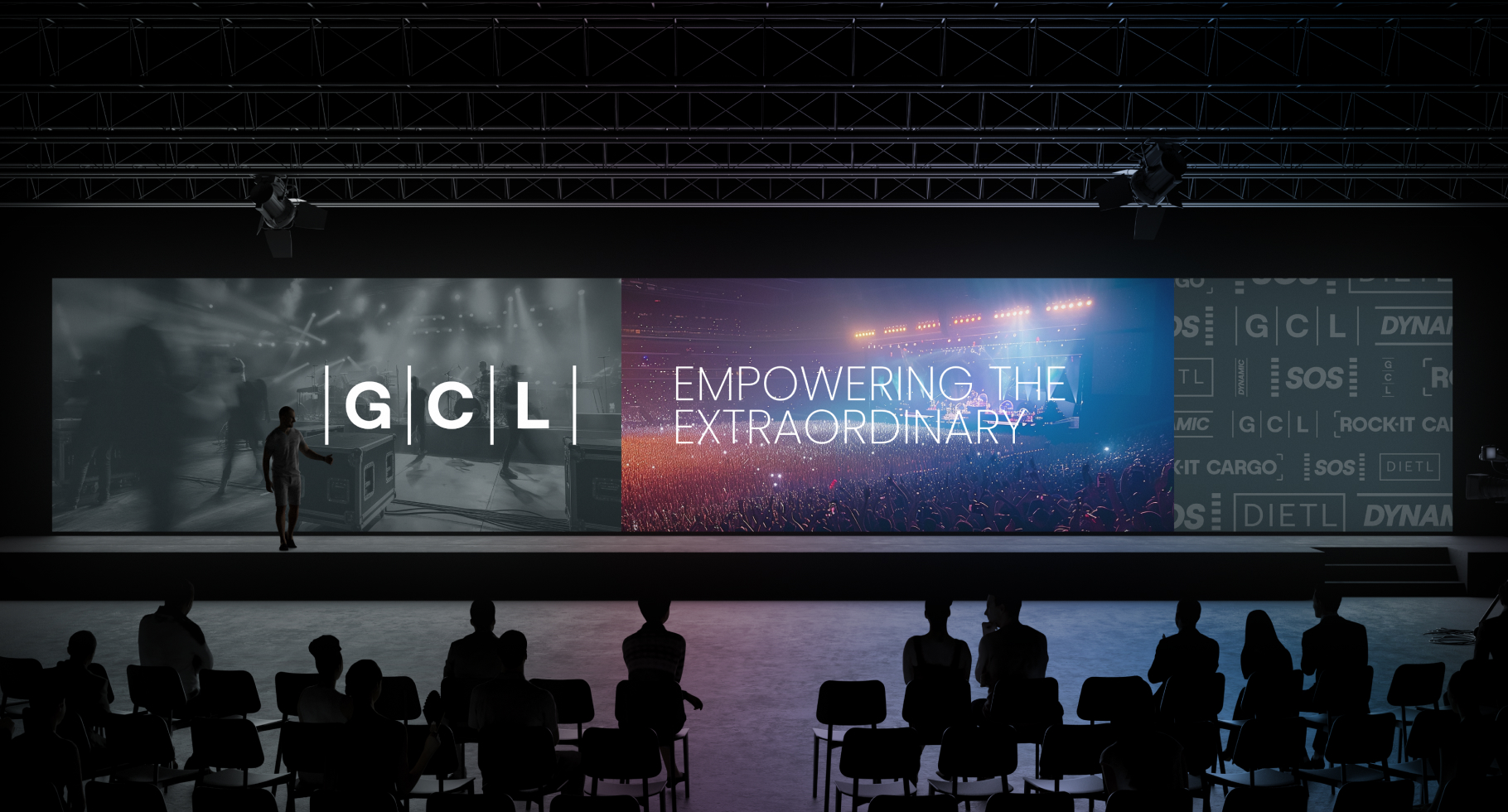 Global Critical Logistics brand on a large conference stage screen
